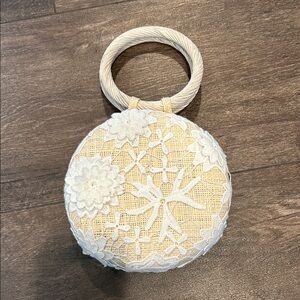 Flora Bella Crochet Appliqué Handcrafted Ivory Lace Round Straw Bag